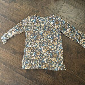 Floral Print Long-Sleeve Women's Blouse in Blue and Mustard